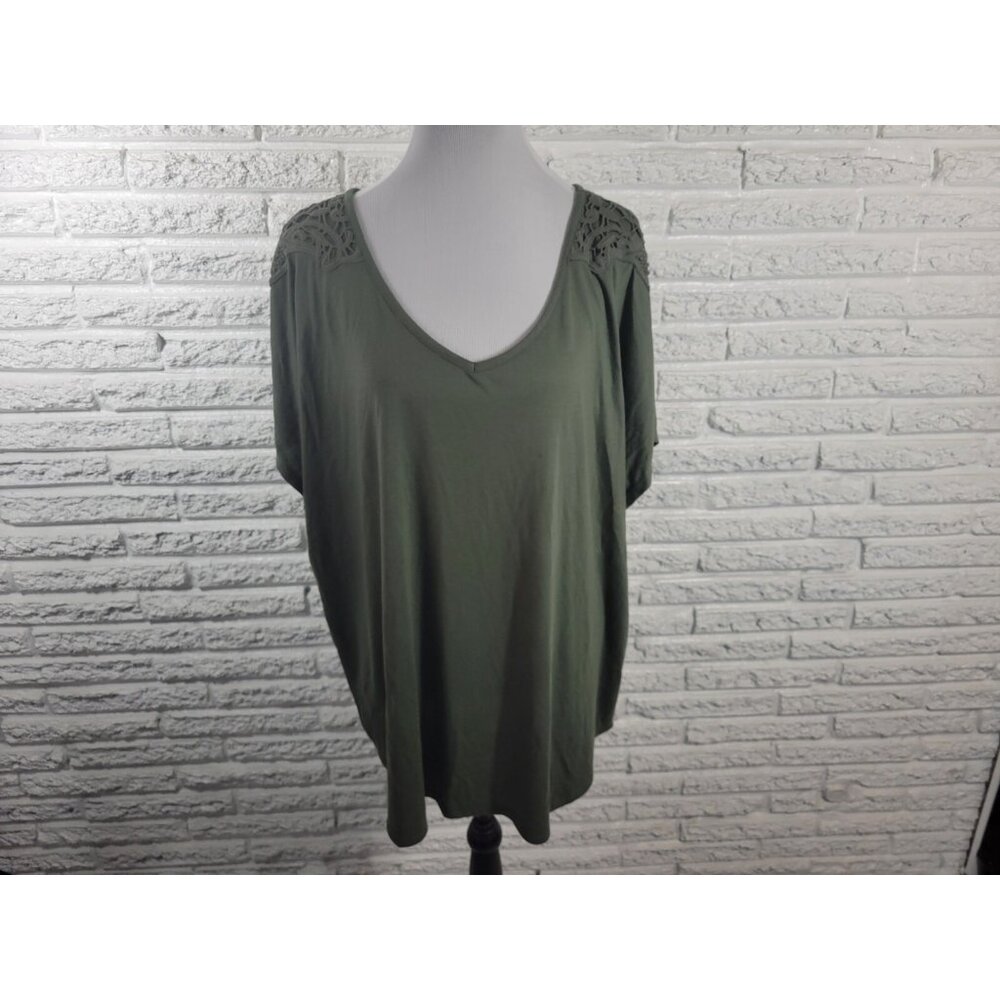Ana Womens Blouse 3X Green Crochet V-Neck Cap Sleeve Plus Top Casual GRE36E